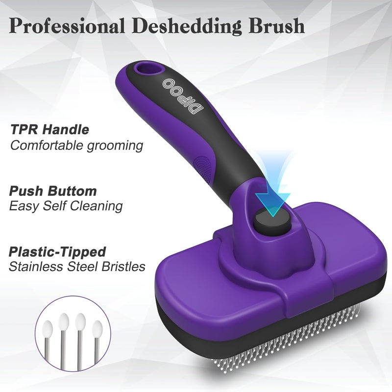Dipoo Self Cleaning Cat & Dog Grooming Brush - Skin Friendly Deshedding Hair Brush for Haired Dogs & Puppies, Purple - Image 2